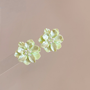 生物瓷耳钉防过敏2025春夏新款 绿色山茶花耳环超仙甜美少女耳夹IN