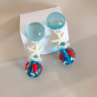 生物瓷耳钉防过敏海洋元素手绘金鱼琉璃耳环通透感少女心独特耳夹