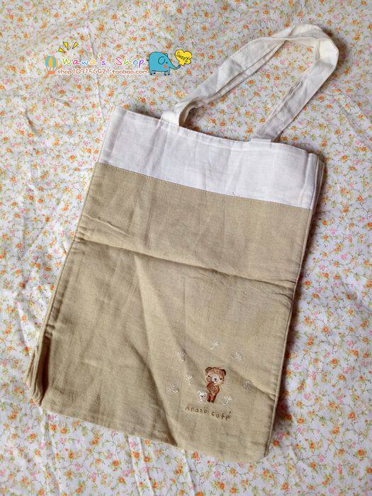 日本smile笑脸包可爱刺绣小熊手提包棉麻森女购物袋百搭杂志款ins