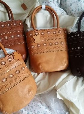 出口原单头层纯牛皮 genten女士镂空压花 竖版手提包植鞣皮米色包