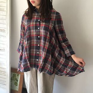 日单少女心男友衬衫出口日本原单超柔软棉麻大格子复古女夏秋百搭