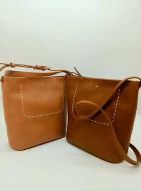 genten纯牛皮手工皮包女士斜挎包日本原单包森女专用植鞣皮明线包