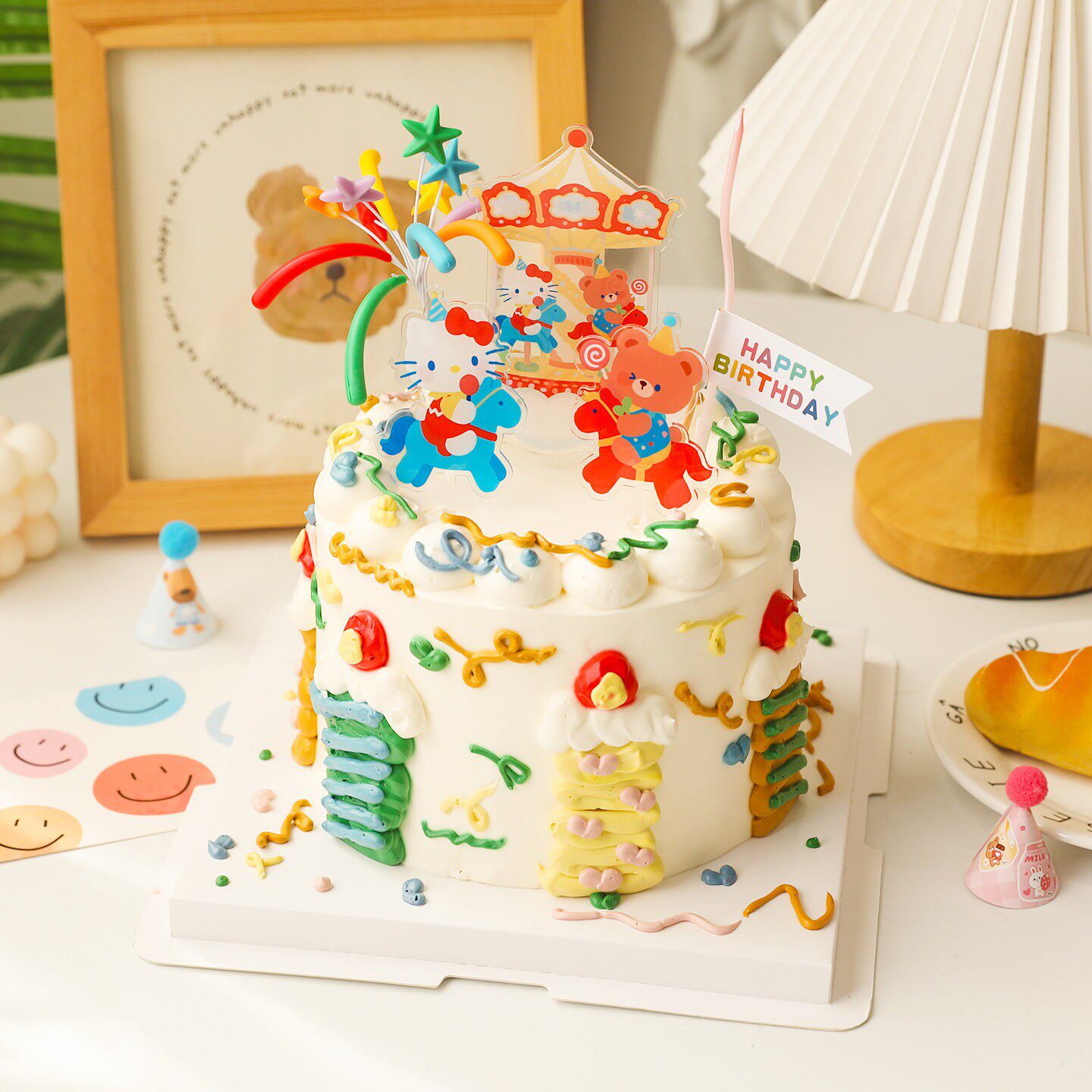 可爱卡通动物旋转木马生日蛋糕装饰儿童生日派对甜品台烘焙插件