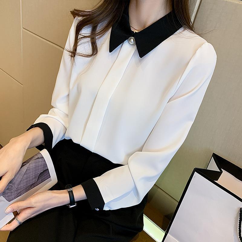 Opaline2026年春秋新款白色衬衫上衣女拼色钉珠娃娃领雪纺长袖