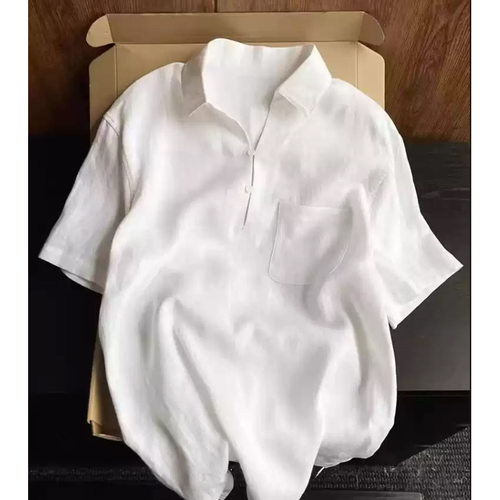 老钱风亚麻Polo领短袖衬衫夏季