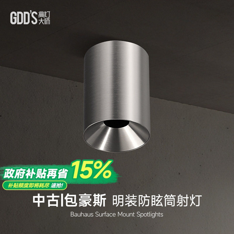 明装射灯不锈钢筒灯包豪斯防眩银色中古吸顶灯工业客厅卧室无主灯