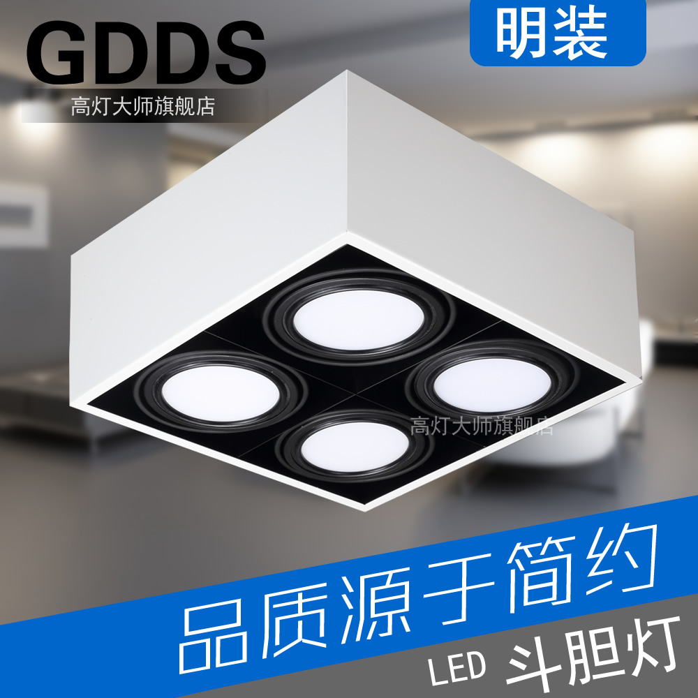 GDDS明裝斗膽燈四頭筒燈4頭方形射燈客廳吸頂盒子豆免開孔白色黑