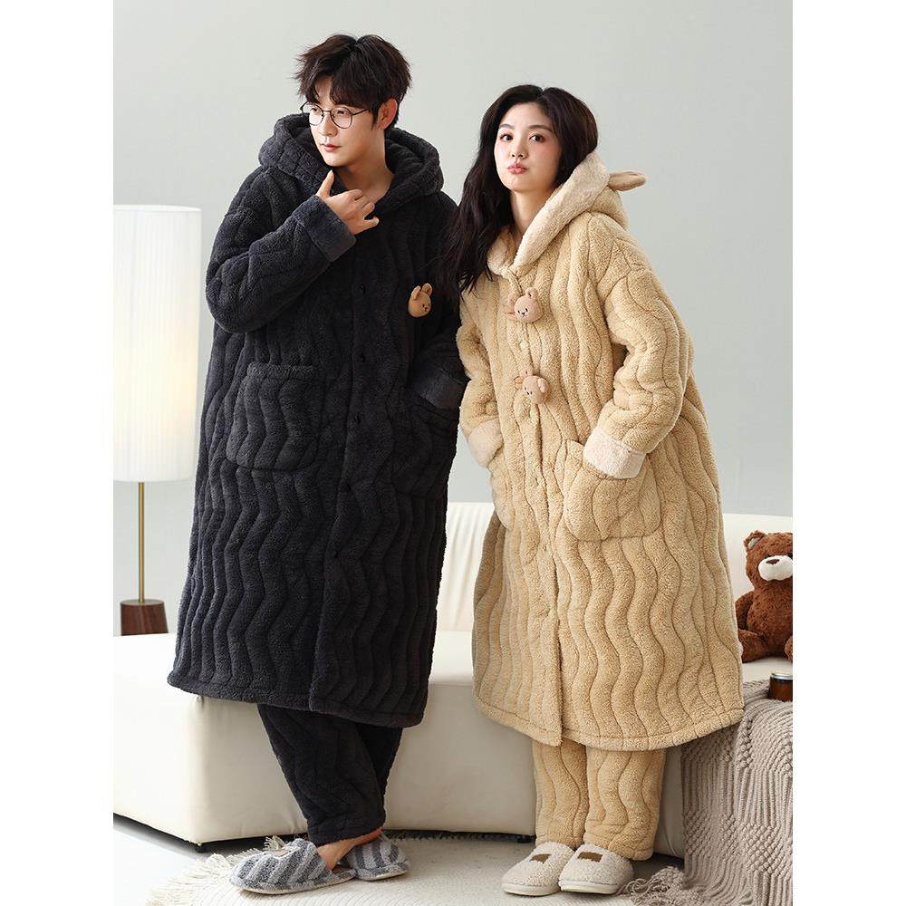 情侣睡衣女冬睡袍男款加绒加厚珊瑚绒三层夹棉连帽长款家居服套装