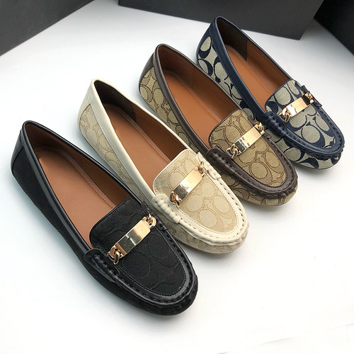 C字印花布金属扣舒适平底豆豆鞋