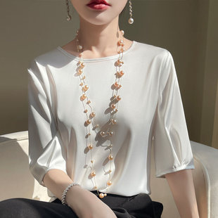 撤柜清仓!丝滑短袖缎面时尚西装内搭圆领超好看t恤女五分打底衫