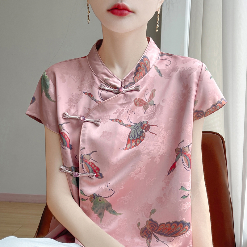 撤柜处理!立领盘扣国风新中式花色短袖t恤女显瘦开衫外穿上衣
