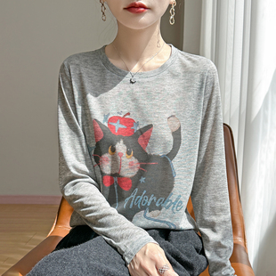 特价清仓！秋季辛苦长袖印花猫咪针织打底衫女宽松显瘦百搭毛衣
