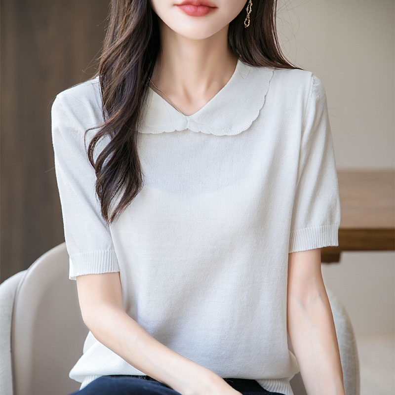 2025夏季新款娃娃领蕾丝拼接短袖针织衫薄款上衣慵懒风时尚洋气衫