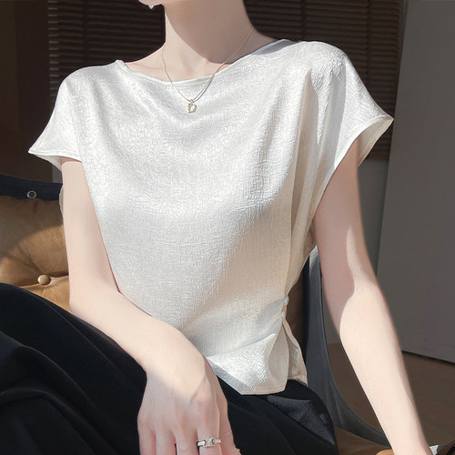 特价处理！缎面气质短袖t恤女夏宽松短款洋气一字肩不规则上衣