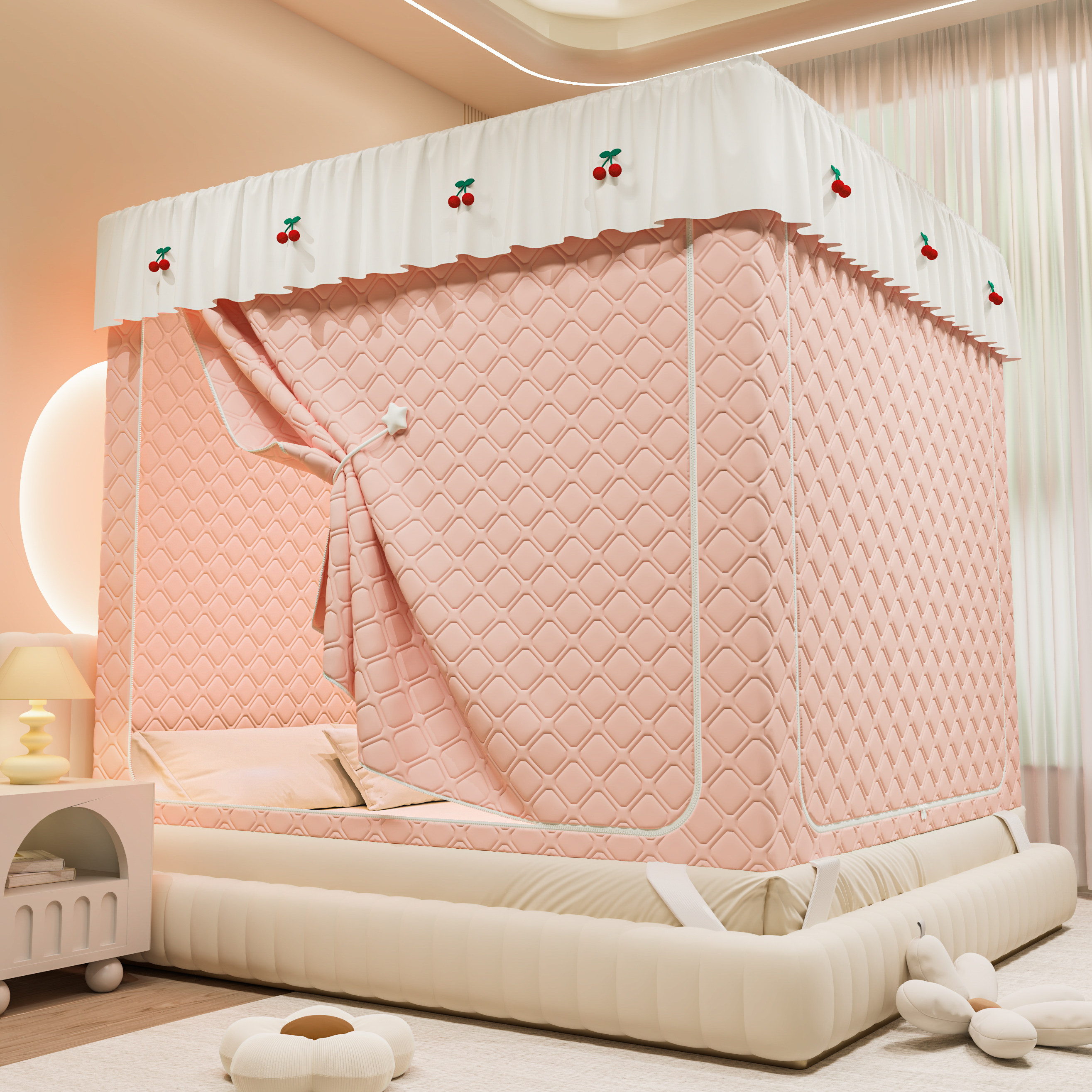 夹棉布帘拉链开门一体式保暖蚊帐冬季防风遮光帘坐床卧室儿童防摔,床上用品,蚊帐,淘宝优惠券,粉丝福利购,淘宝优惠卷