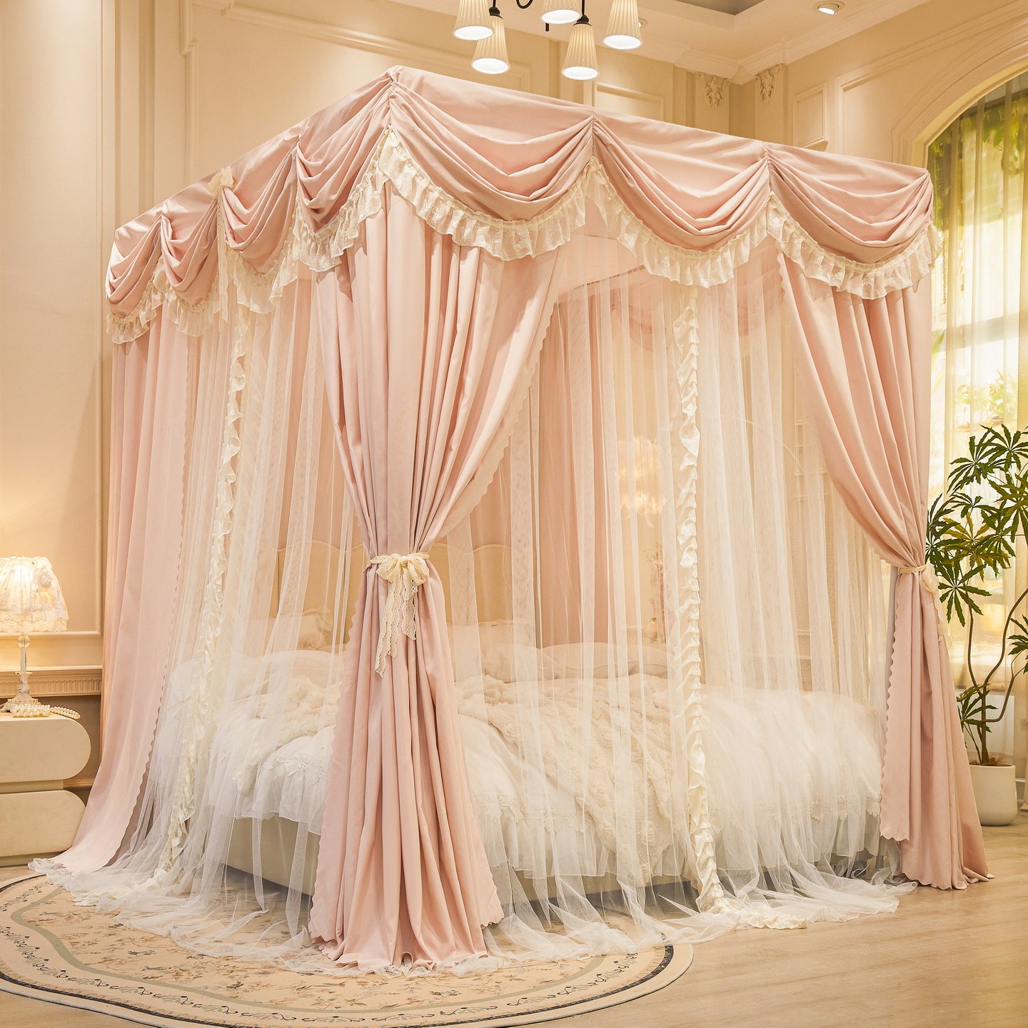 双层法式布帘帐纱公主风双杆宫廷落地床幔遮光蚊帐加厚加粗铁支架