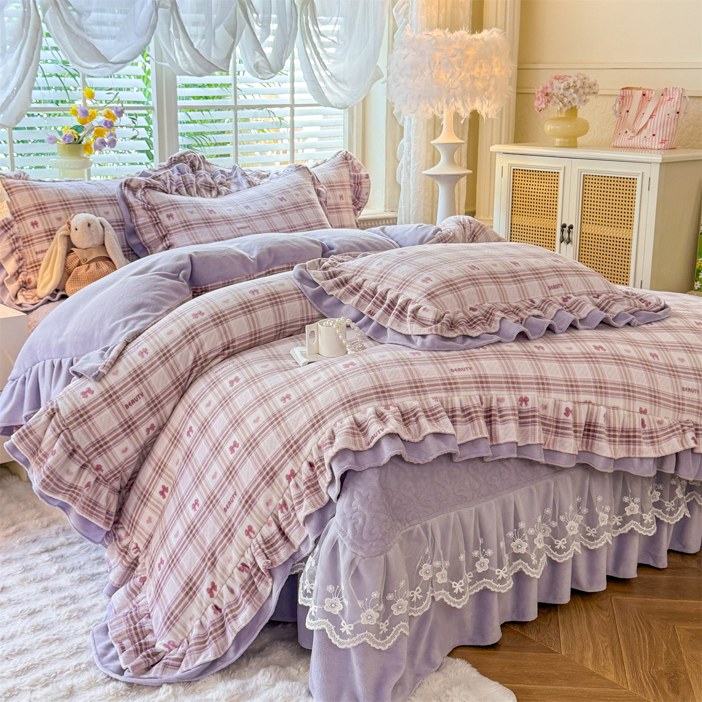 床裙床盖式四件套加绒保暖三件套