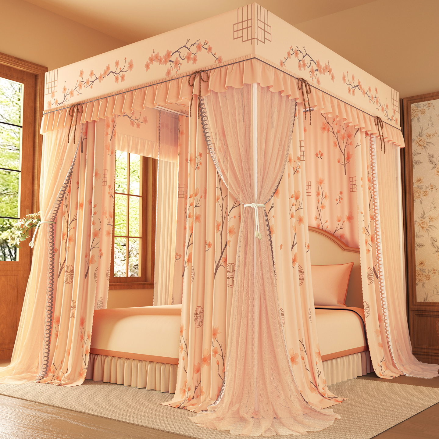 遮光防风双层蚊帐床幔床帘一体式