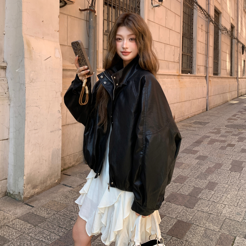 黑色宽松短款皮衣外套女秋