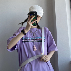 實價 韓版原宿風女裝紫色復古字母印花百搭休閒寬鬆短袖T恤女潮