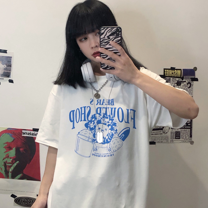 實價 韓國INS學院風復古童趣印花寬鬆百搭休閒短袖T恤女潮