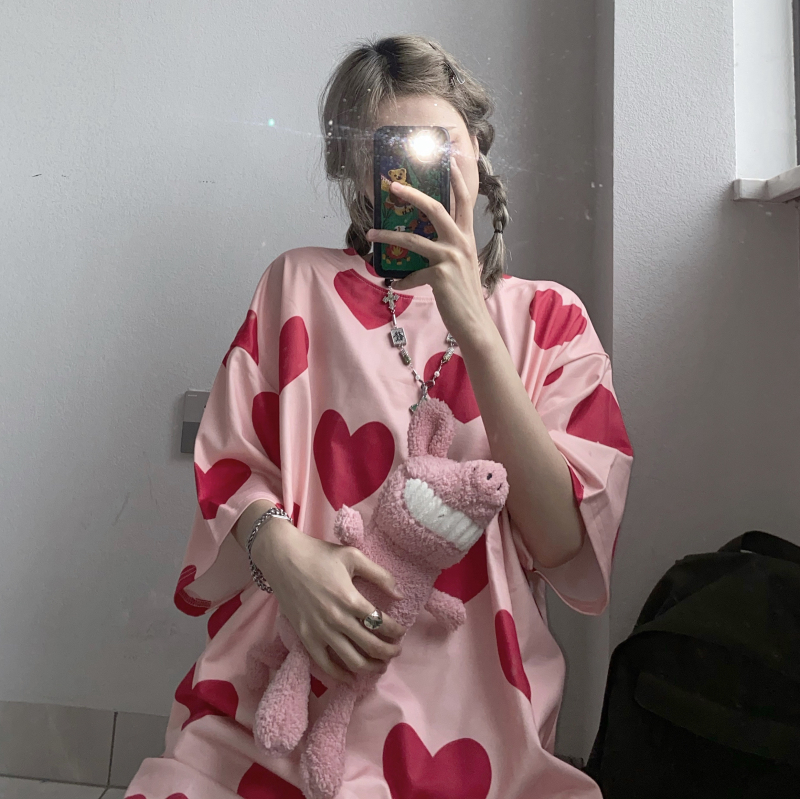 實拍實價 原宿風女裝滿印粉紅愛心寬鬆百搭短袖T恤上衣女潮