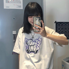 原創 韓國INS學院風童趣小熊字母印花寬鬆百搭短袖T恤上衣女潮