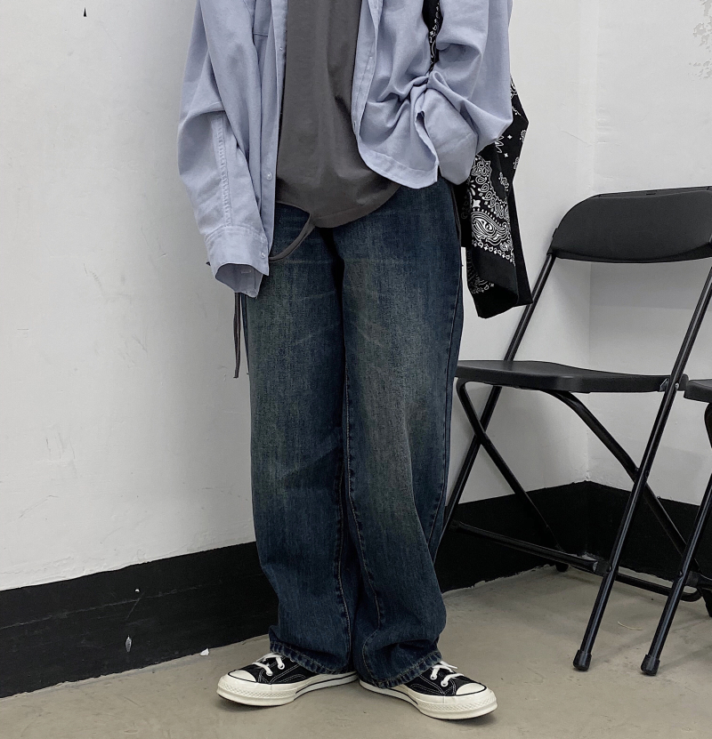 Spring versatile retro washed blue baggy straight jeans wide leg daddy pants for men and women