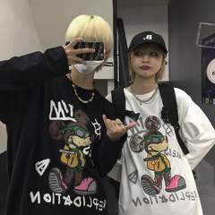 Spring Harajuku Retro Fun cartoon print loose long sleeve T-shirt for men and women