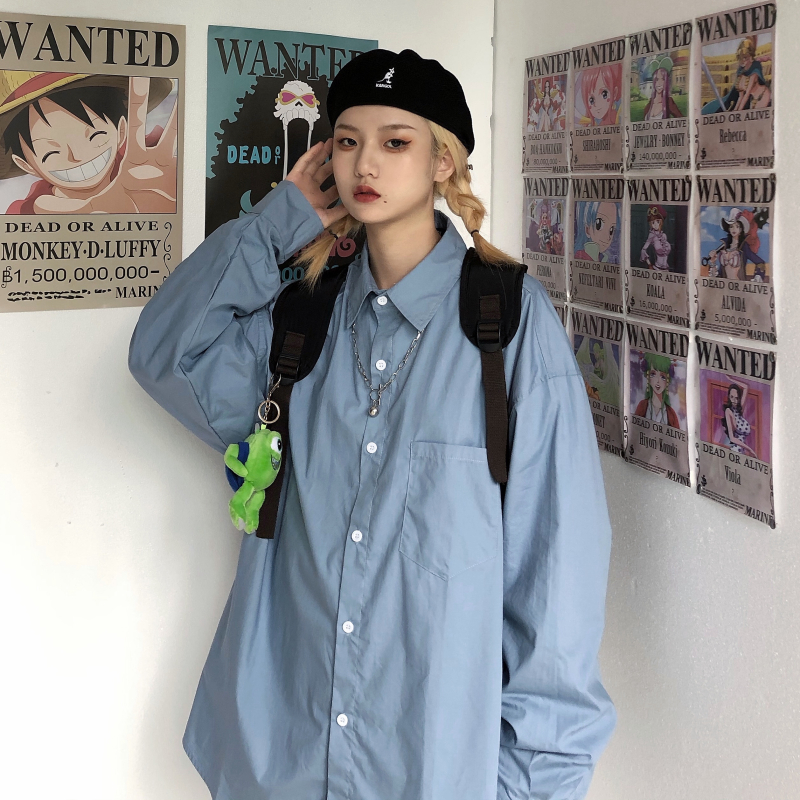 ~Spring 2021 Harajuku women's wear versatile Retro Blue BF loose Long Sleeve Shirt Blouse