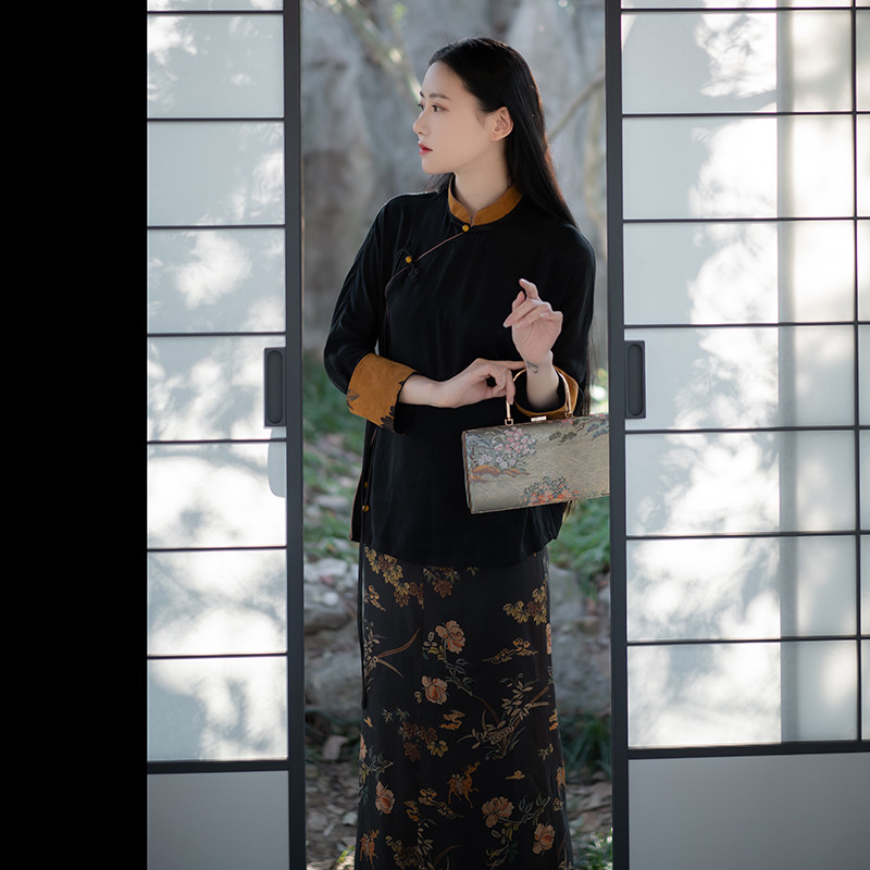晓公子|晚香玉|中式复古禅意茶服铜氨丝拼接香云纱上衣sy221