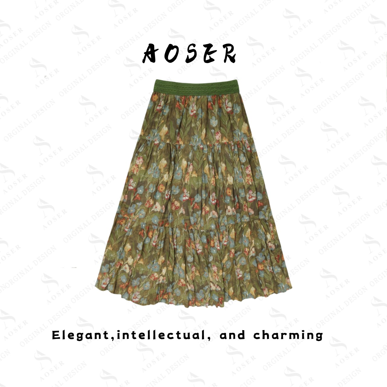 AOSER 复古碎花慵懒风显瘦百搭高腰大摆半身裙女装9809