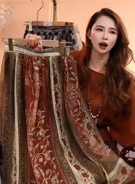 新款半身裙民族风薄款自然腰松紧带印花女装百褶裙百搭裙子9062