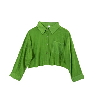 新款 衬衣宽松纯色翻领上衣衬衫 时尚 短款 女3618 百搭长袖 AOSER