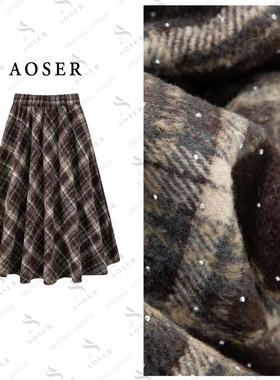 AOSER时尚百搭网红显瘦烫钻格子慵懒风半身裙女装801