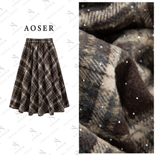 AOSER时尚 801 百搭网红显瘦烫钻格子慵懒风半身裙女装