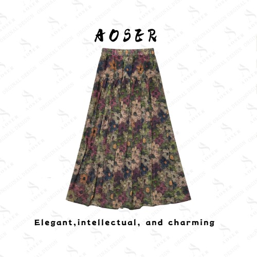 AOSER复古碎花A字半身裙女高腰显瘦大摆百褶裙松紧腰A字裙709