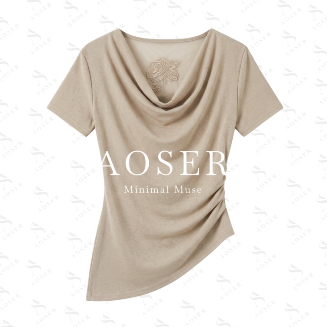 AOSER新款时尚气质百搭休闲玫瑰刺绣优雅款短袖荡领T恤3082 - 实物图