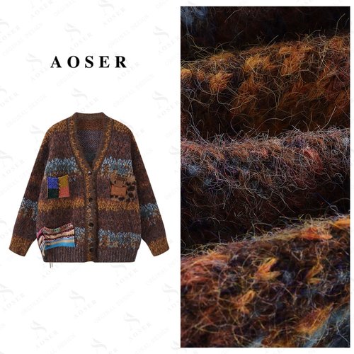 AOSER慵懒风复古重工拼色开衫长袖厚款女装毛衣外套25065