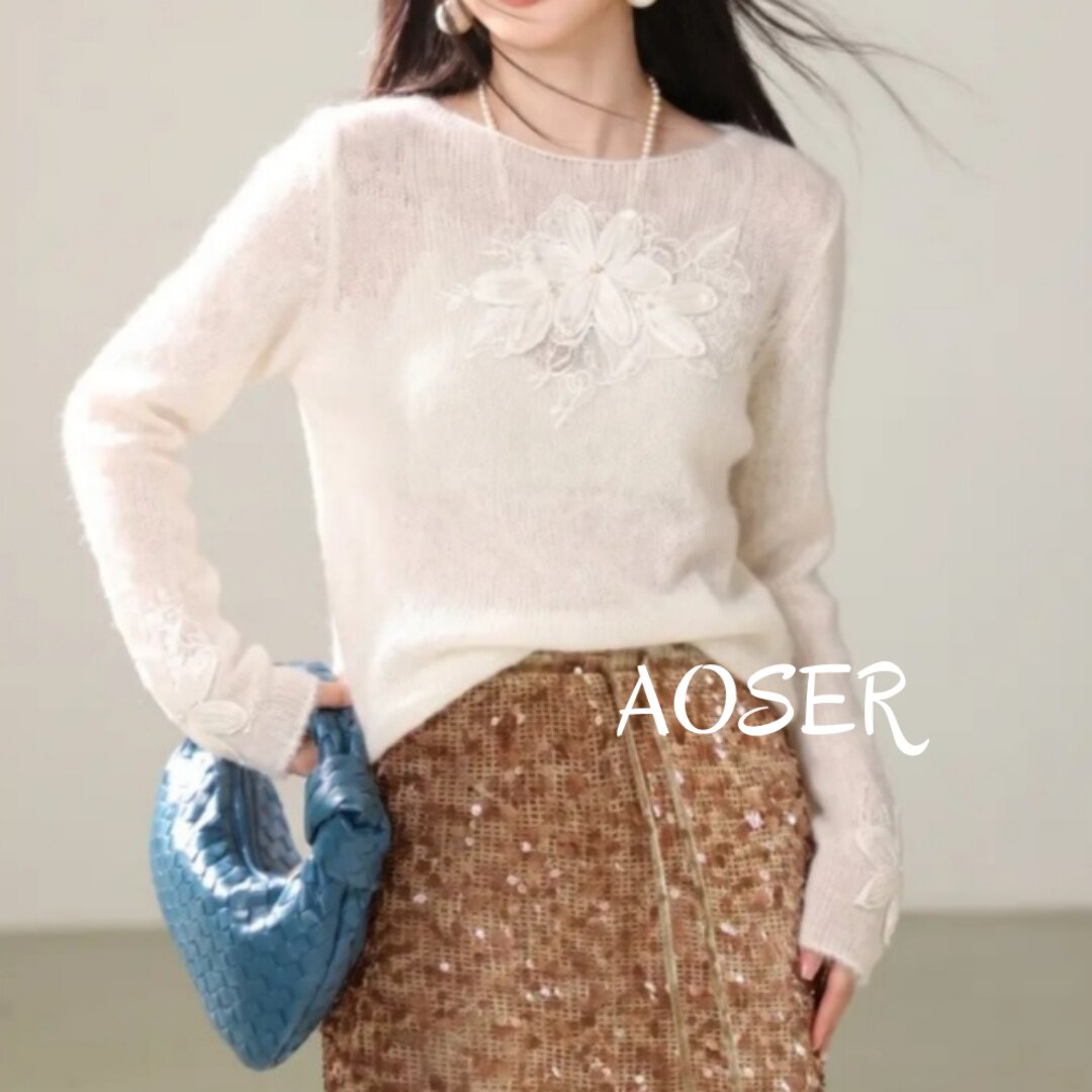 AOSER 韩系花朵镂空针织衫女套头温柔风长袖上衣柔软气质615-1