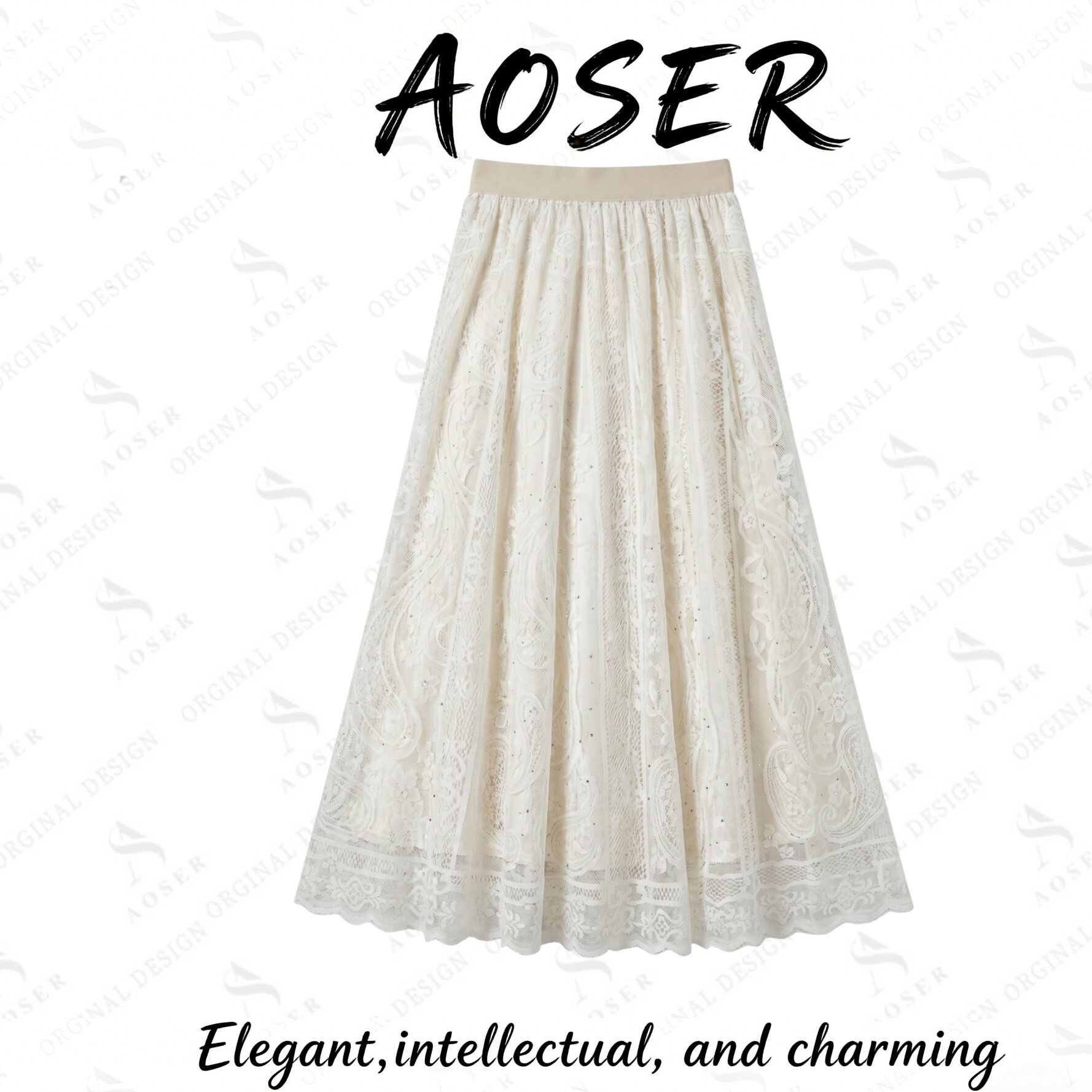 AOSER 蕾丝刺绣闪钻优雅气质半身裙时尚A字大裙摆显瘦温柔6001-1