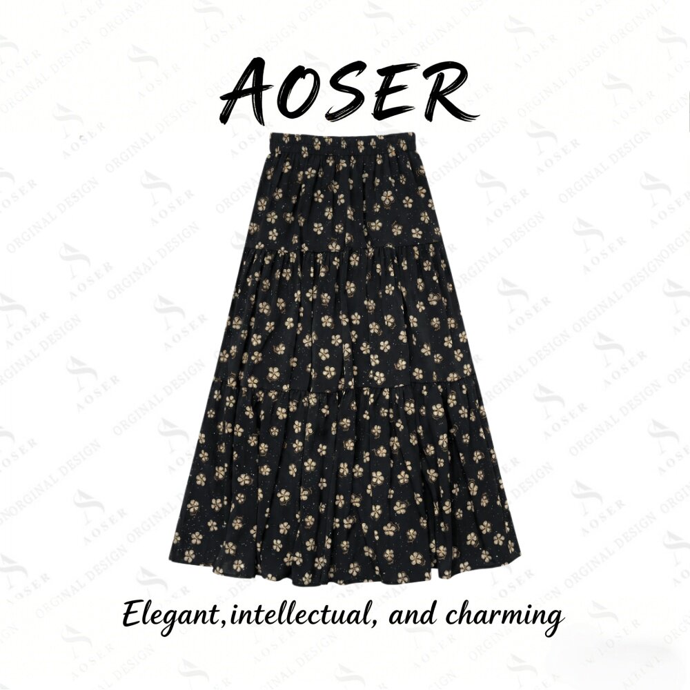 AOSER新款时尚气质百搭显瘦遮胯印花复古简约日常半身裙9813