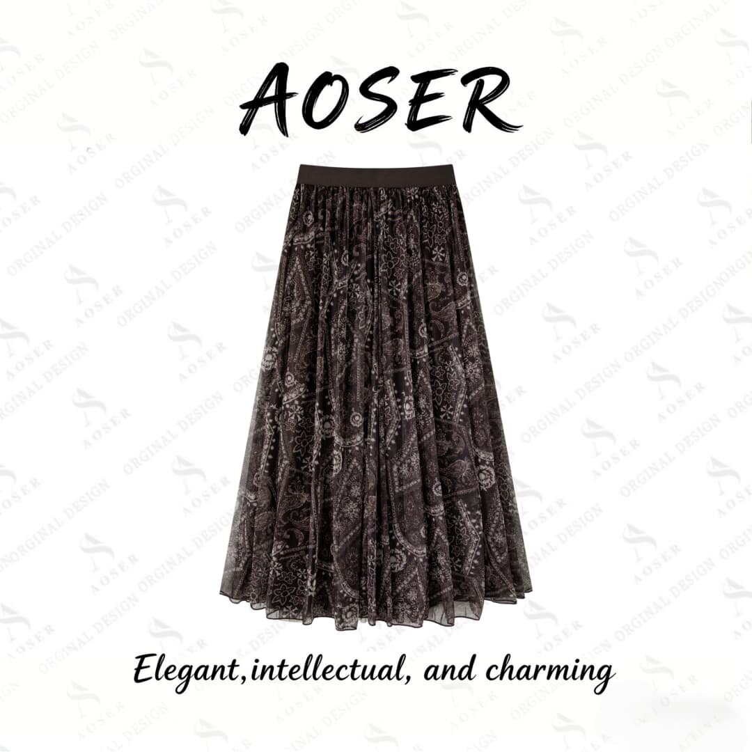 AOSER新款时尚气质百搭显瘦复古印花优雅百搭半身裙0821