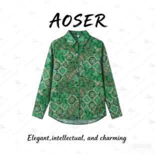 AOSER复古绿花轻奢衬衫气质显瘦百搭长袖女装衬衫101-2