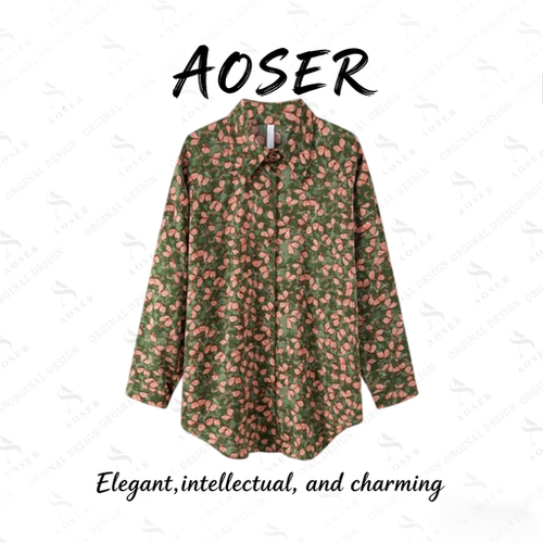 AOSER复古碎花女长袖开衫衬衫
