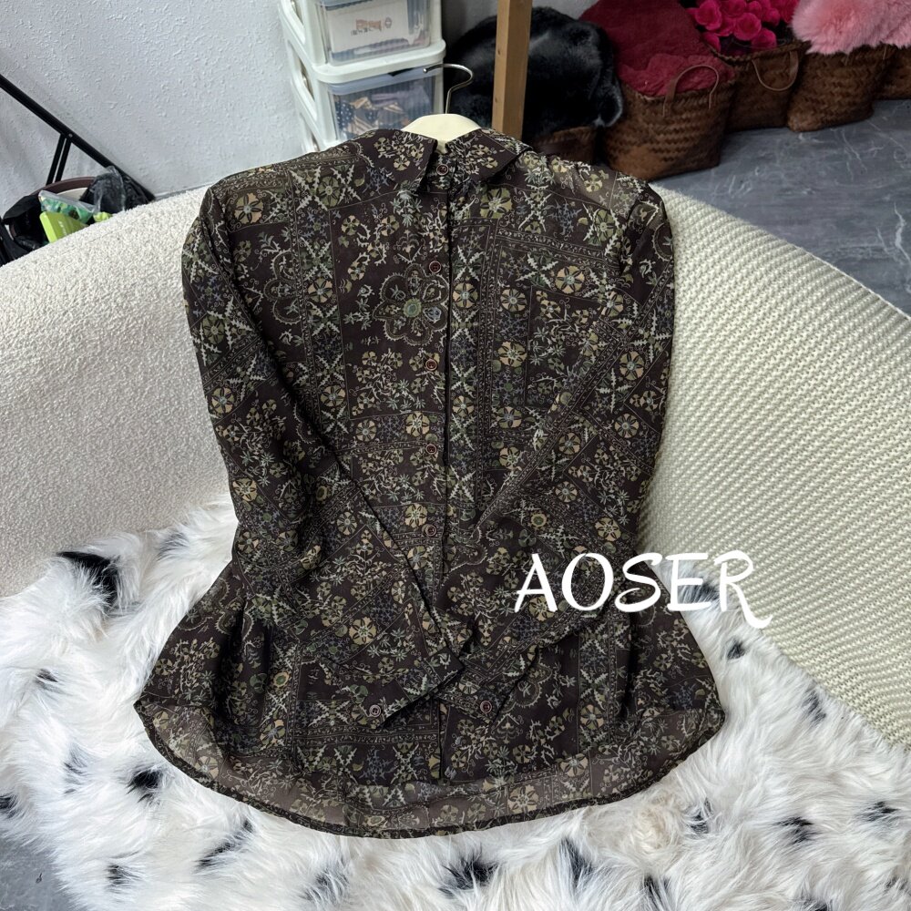 AOSER 复古风拼接印花长袖衬衫时尚百搭气质宽松通勤女装101-26