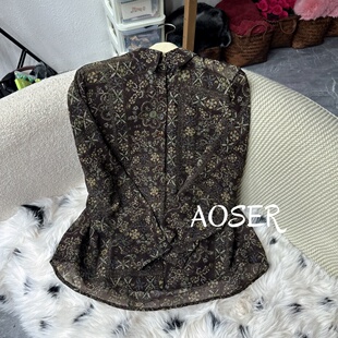 AOSER 复古风拼接印花长袖衬衫时尚百搭气质宽松通勤女装101-26