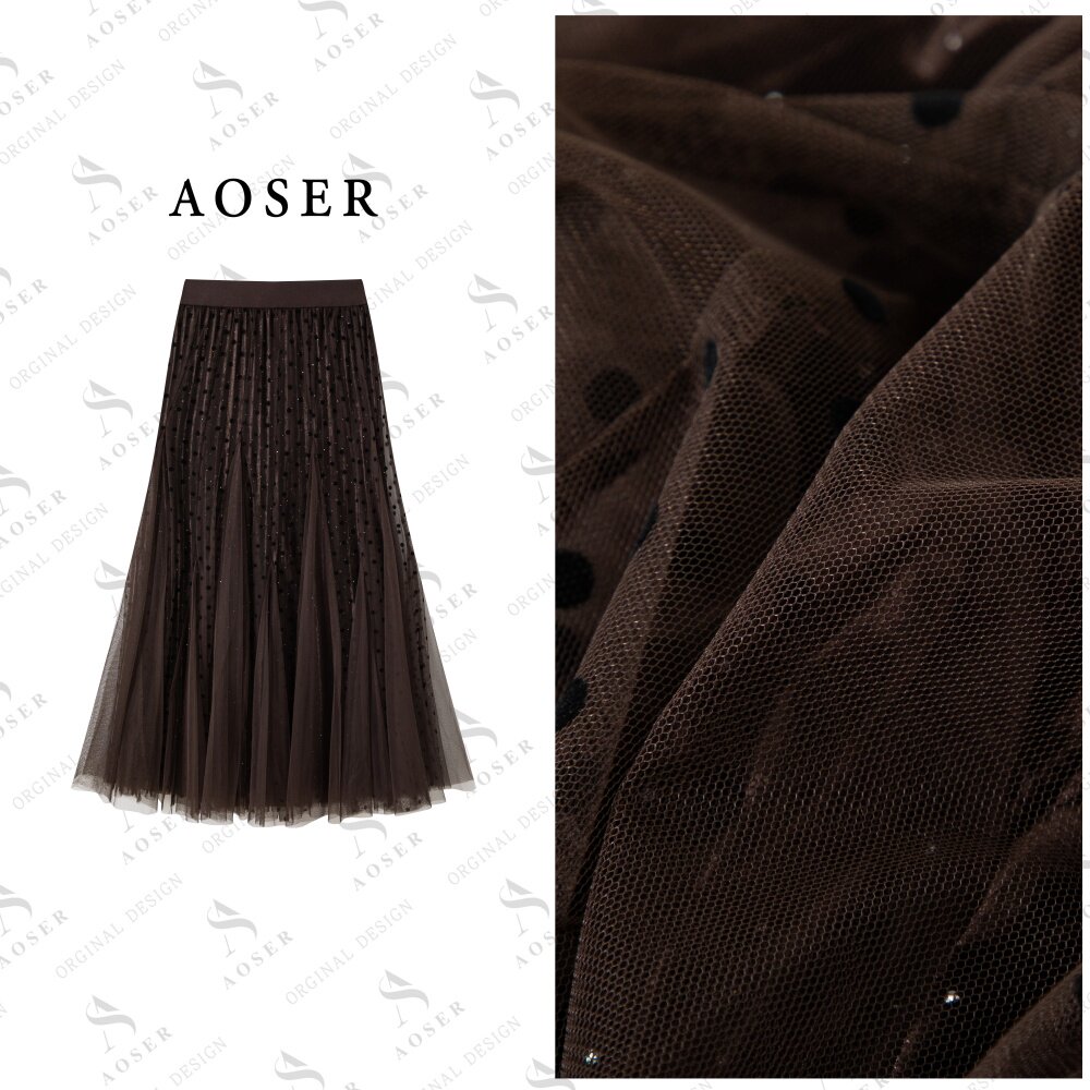 AOSER时尚百搭宽松遮肉显瘦大摆波点A字百褶裙休闲轻熟风2901
