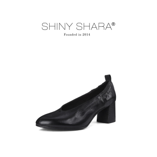 Shiny 诗莎复古风浅口尖头粗跟单鞋 女松紧口奶奶鞋 Shara