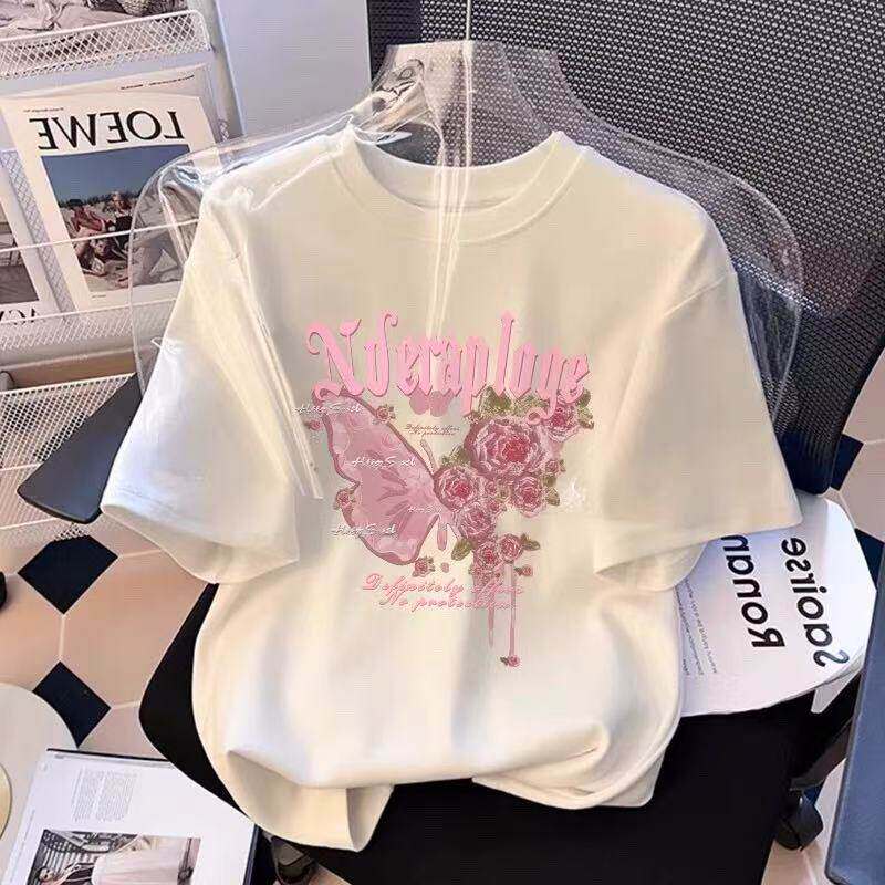 玫瑰蝴蝶儿童纯棉短袖t恤女童亲子母女装洋派浪漫大童女生T恤衫